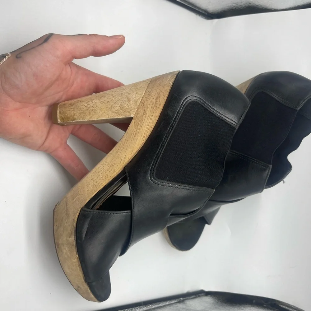 Theory Shoes Heels Black Leather Wrap Wooden Wood Heeled Sandals Size 8 Womens